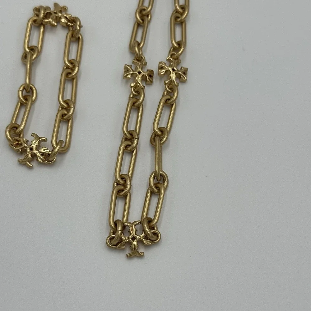 TORY BURCH Gold Roxanne Choker Chain Link Necklace And Bracelet 18k Plated